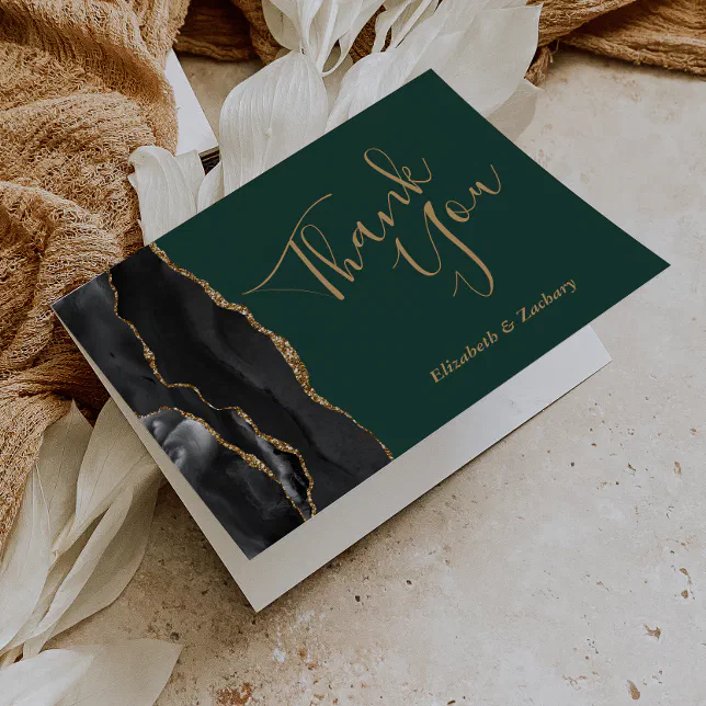Black Agate Gold Emerald Green Wedding Thank You Card | Zazzle