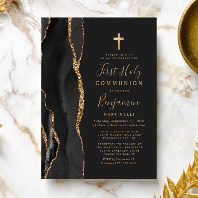 Black Agate Gold First Holy Communion Invitation (Creator Uploaded)