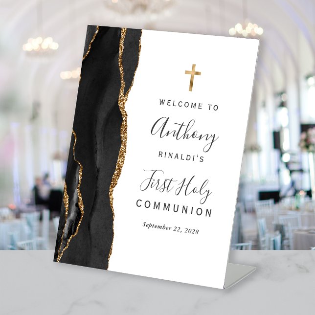 Black Agate Gold First Holy Communion Welcome Pedestal Sign (Creator Uploaded)