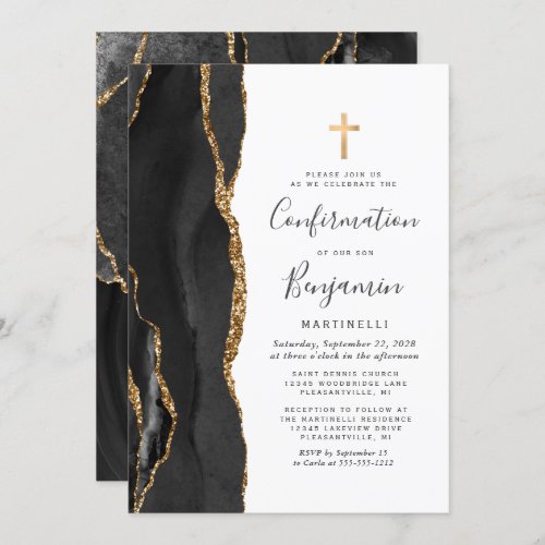 Black Agate Gold Glitter Confirmation Invitation