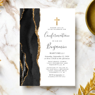 Black Agate Gold Glitter Confirmation Invitation