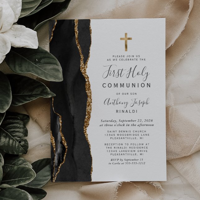 Black Agate Gold Glitter First Holy Communion Invitation (Creator Uploaded)