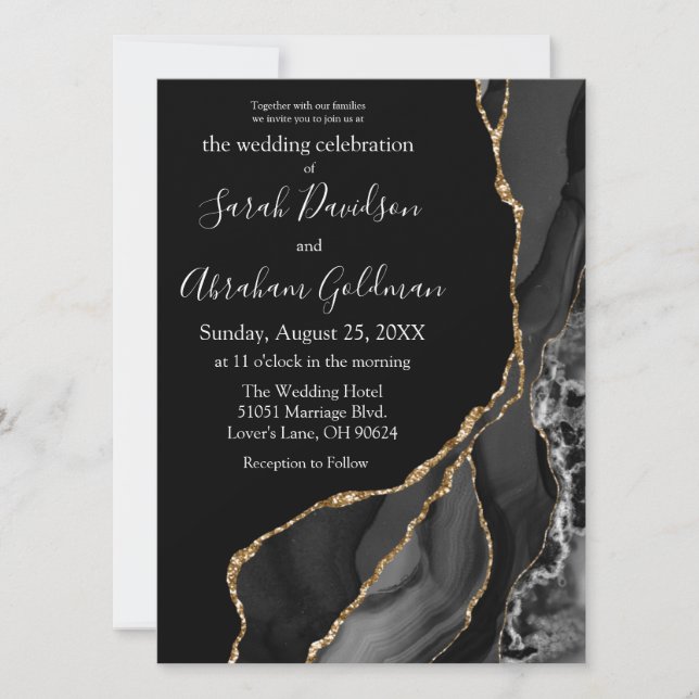 Black Agate Gold Glitter Luxury Wedding Invitation (Front)