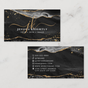 Black Agate Gold Glitter Script Monogram Business Card