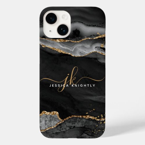 Black Agate Gold Glitter Script Monogram Case_Mate iPhone 14 Case