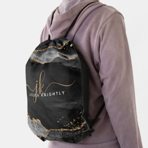 Black Agate Gold Glitter Script Monogram Drawstring Bag