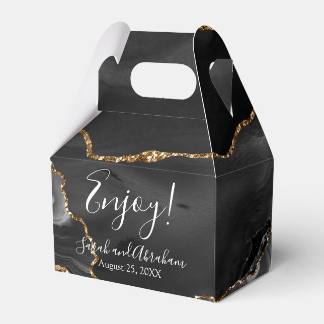 Black Agate Gold Glitter Wedding Favor Boxes (Front Side)