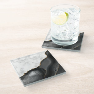 Black Agate Gold Glitter White Faux Marble Glass Coaster