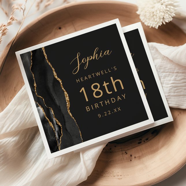 Black Agate Gold Script Dark 18th Birthday Napkins (Creator Uploaded)