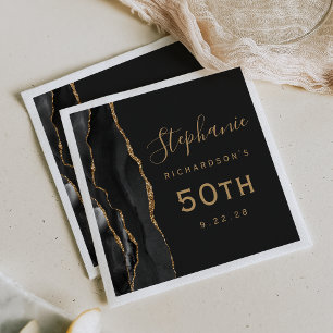 Black Agate Gold Script Dark 50th Birthday Napkins