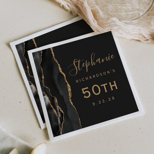 Black Agate Gold Script Dark 50th Birthday Napkins (Creator Uploaded)