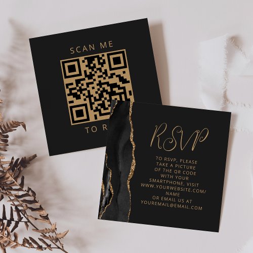 Black Agate Gold Script Wedding QR Code RSVP Enclosure Card