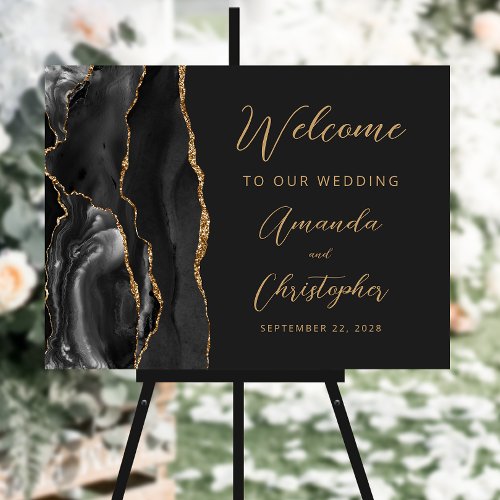 Black Agate Gold Script Wedding Welcome Foam Board