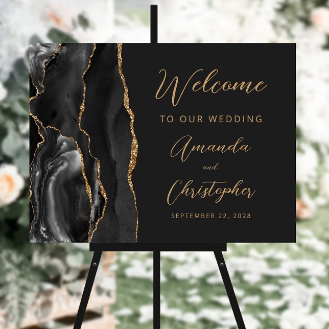 Black Agate Gold Script Wedding Welcome Foam Board (Creator Uploaded)