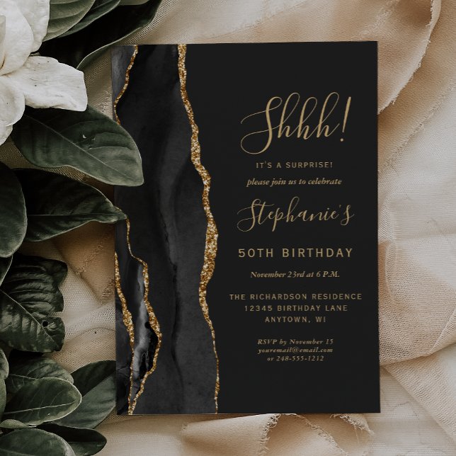 Black Agate Gold Surprise 50th Birthday Party Invitation (Creator Uploaded)