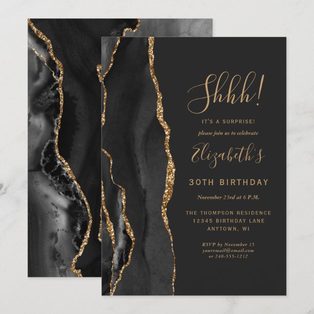 Black Agate Gold Surprise Birthday Party Invitation (Front/Back)