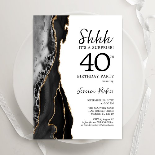 Black Agate Gold White Surprise 40th Birthday Invitation