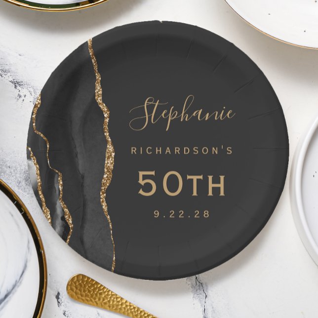 Black Agate Marble Gold Dark 50th Birthday Paper Plates (Creator Uploaded)