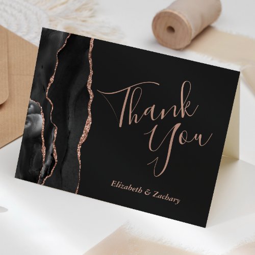 Black Agate Rose Gold Dark Wedding Thank You Card