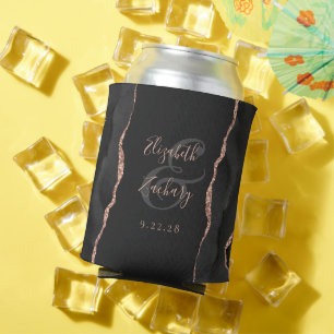 Black Agate Rose Gold Faux Glitter Dark Wedding Can Cooler