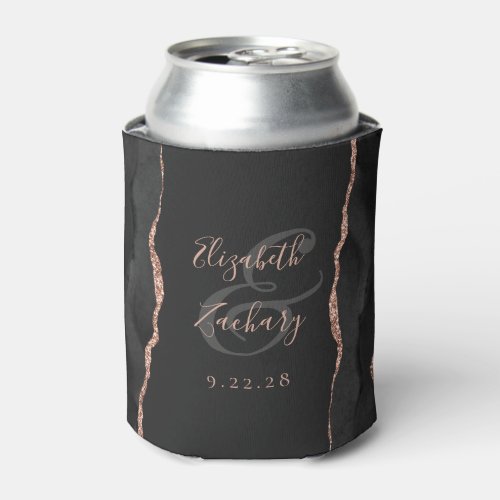 Black Agate Rose Gold Faux Glitter Dark Wedding Can Cooler