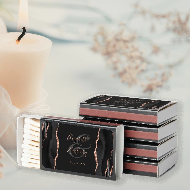 Black Agate Rose Gold Glitter Dark Wedding Matchboxes (Creator Uploaded)