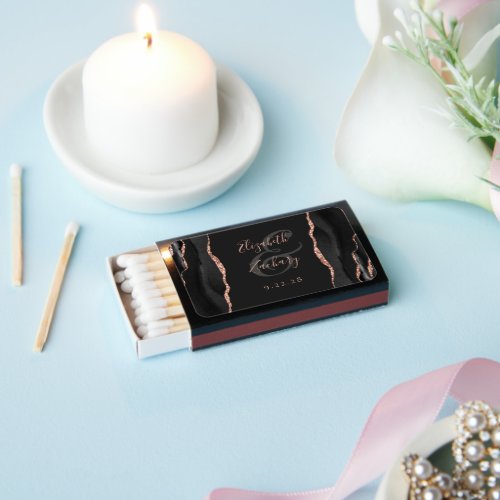 Black Agate Rose Gold Glitter Dark Wedding Matchboxes