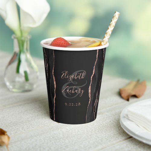 Black Agate Rose Gold Glitter Script Wedding Paper Cups