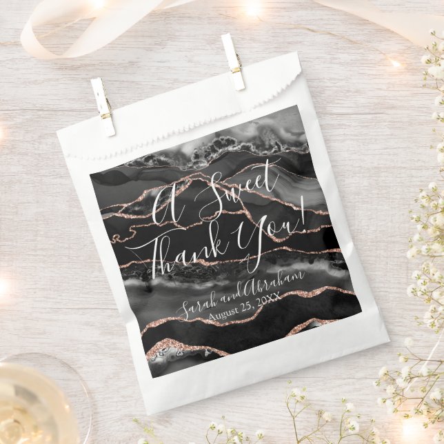 Black Agate Rose Gold Glitter Wedding Favor Bags (Clipped)