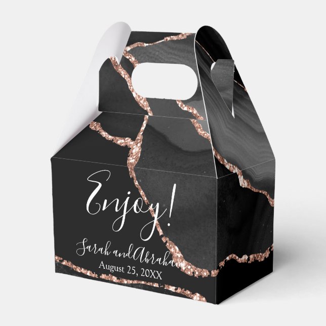 Black Agate Rose Gold Glitter Wedding Favor Boxes (Front Side)