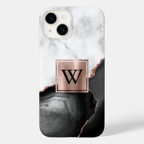 Black Agate Rose Gold White Marble Monogram Case_Mate iPhone 14 Case