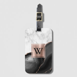 Black Agate Rose Gold White Marble Monogram Luggage Tag