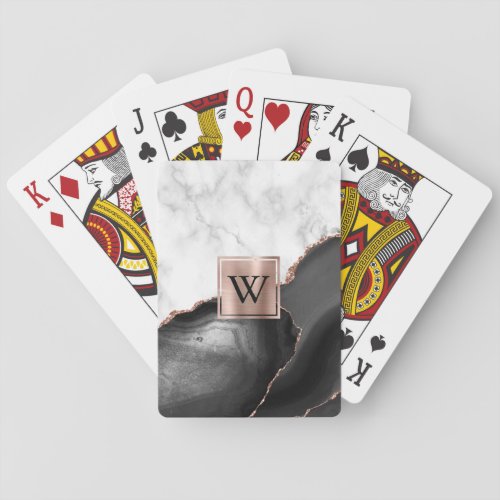 Black Agate Rose Gold White Marble Monogram Playing Cards