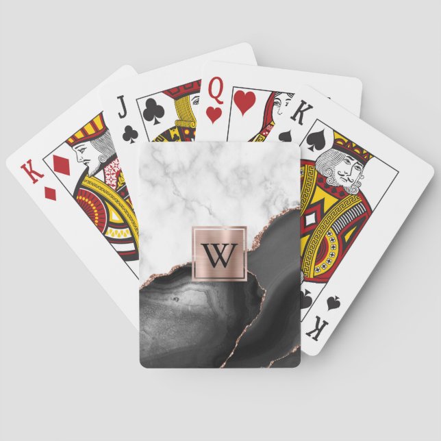 Black Agate Rose Gold White Marble Monogram Poker Cards (Back)