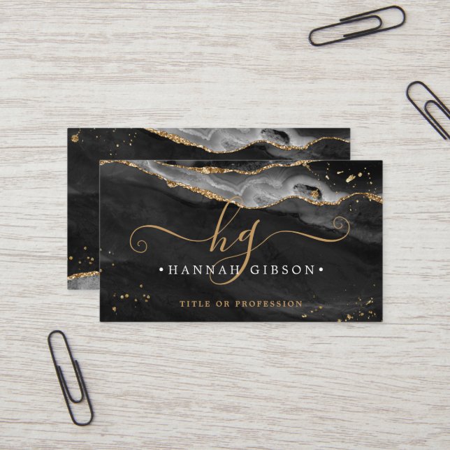 Black Agate Script Monogram Faux Gold Glitter Business Card (Front/Back In Situ)