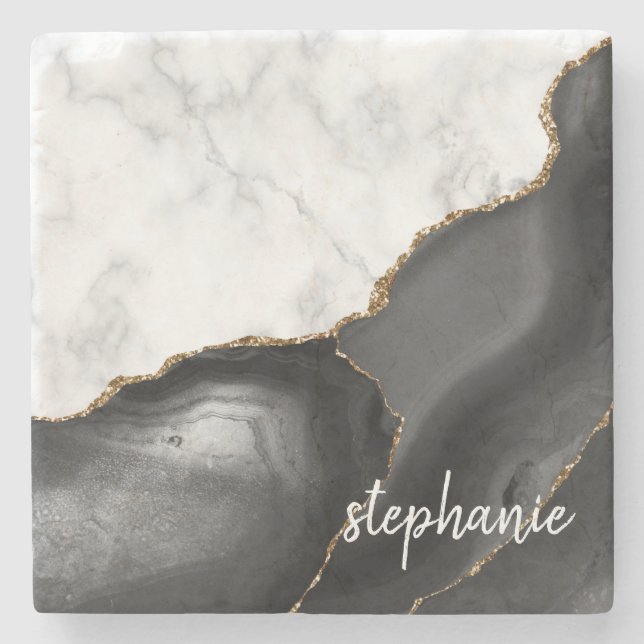 Black Agate Signature White Marble Gold Glitter Stone Coaster (Front)