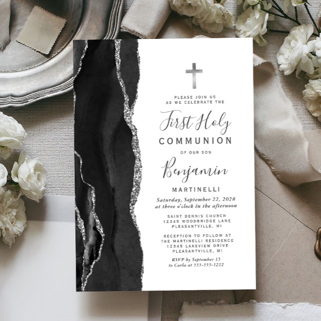 Black Agate Silver Glitter First Holy Communion Invitation (Creator Uploaded)