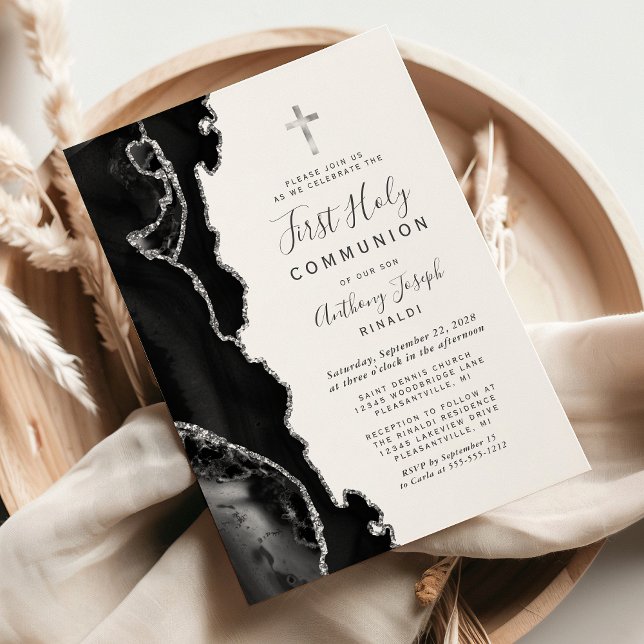 Black Agate Silver Glitter First Holy Communion Invitation (Creator Uploaded)