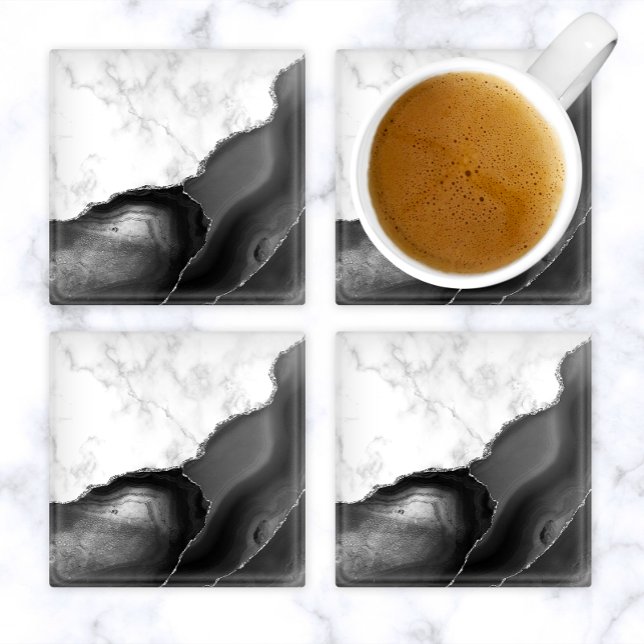 Black Agate Silver Glitter White Faux Marble Glass Coaster (Creator Uploaded)
