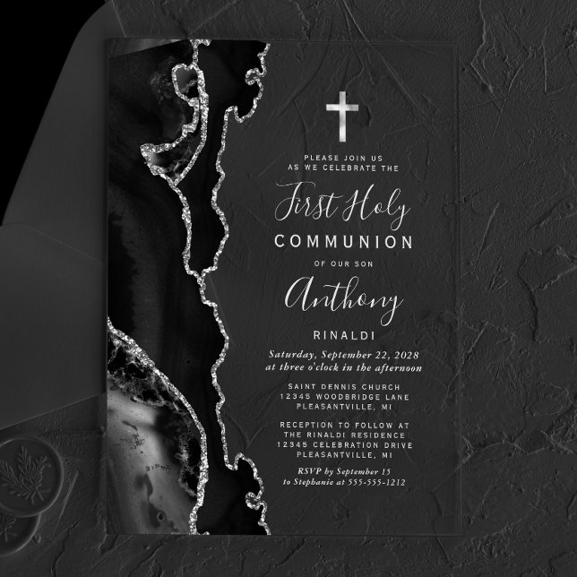 Black Agate Silver Gray Text First Holy Communion Acrylic Invitations (Creator Uploaded)