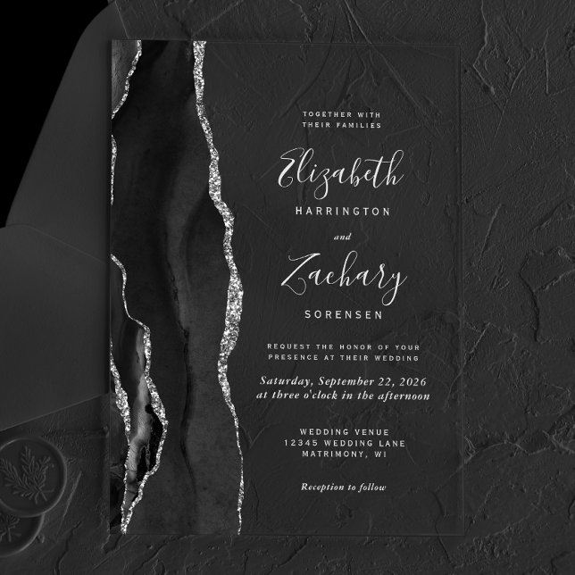 Black Agate Silver Gray Text Wedding Acrylic Invitations (Creator Uploaded)