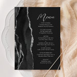 Black Agate Silver Modern Script Dark Wedding Menu<br><div class="desc">This elegant modern wedding menu features a black watercolor agate border trimmed with faux silver glitter. The customizable text combines silver gray handwriting script and sans serif fonts on an off-black background. The black and silver agate design is repeated on the reverse side.</div>