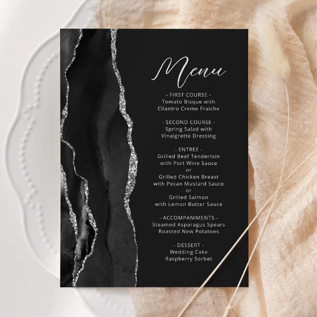 Dark Script Menu Black Agate Silver Modern Script Dark Wedding Menu | Zazzle