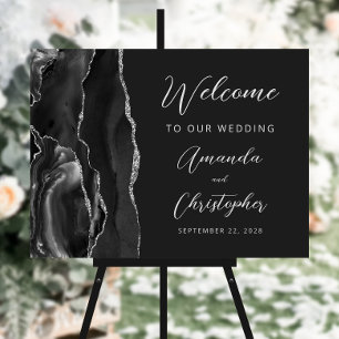 Black Agate Silver Script Wedding Welcome Foam Board