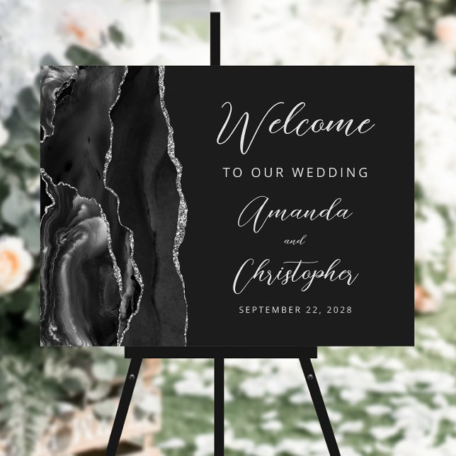 Black Agate Silver Script Wedding Welcome Foam Board (Creator Uploaded)