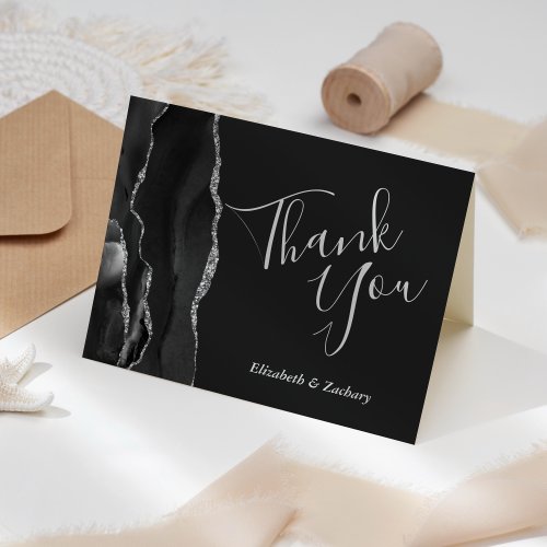 Black Agate Silver Wedding Thank You Card