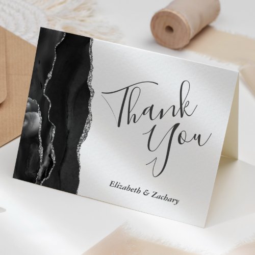 Black Agate Silver Wedding Thank You Card