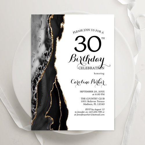 Black Agate White Gold 30th Birthday Invitation