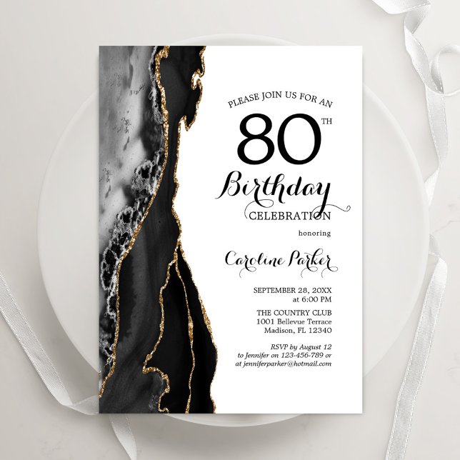 Black Agate White Gold 80th Birthday Invitation (Creator Uploaded)