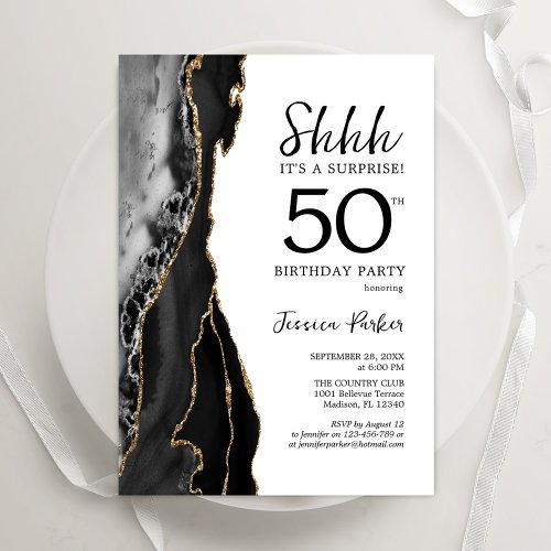 Black Agate White Gold Surprise 50th Birthday Invitation